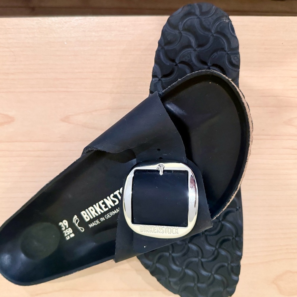 Birkenstock Madrid Big Buckle Black Sandals with Silver Buckle